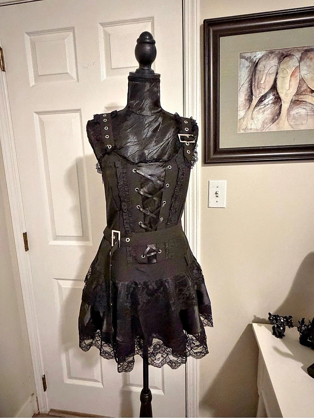 Gothic Black Lace Mini Dress L – Corset Lace-Up / Punk Lolita Y2K